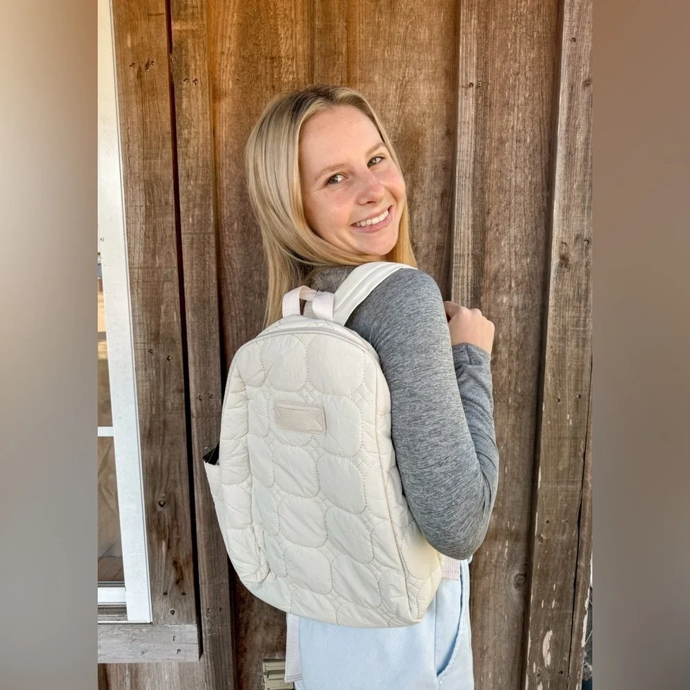 Beige Solid Quilted Nylon Backpack